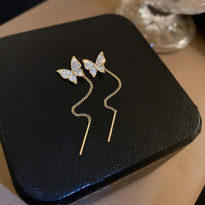 Elegant 925 Sterling Silver Butterfly Tassel Earrings with Delicate Design and Cascading Tassels