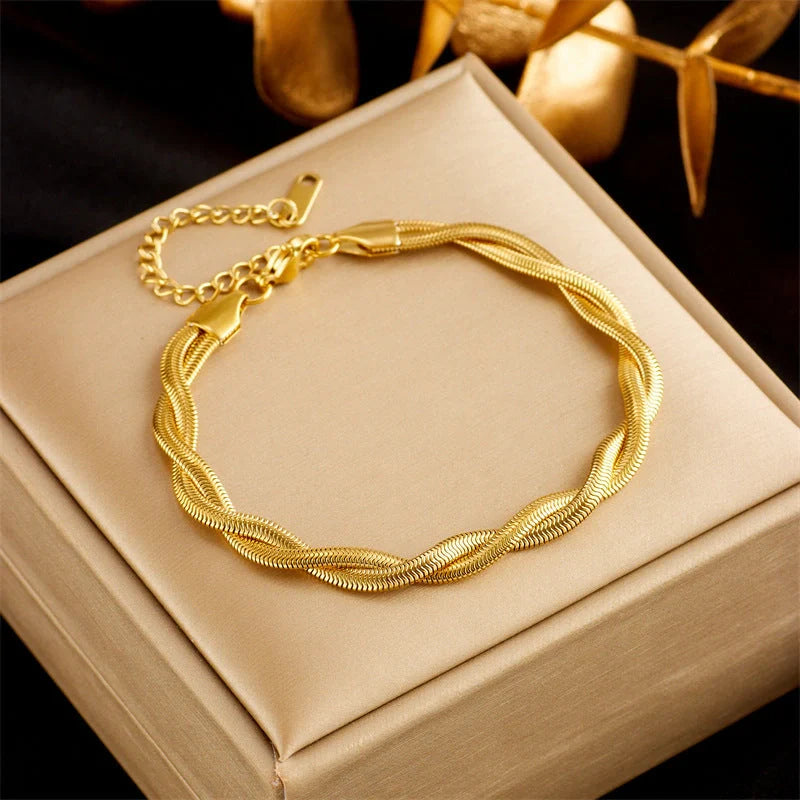 Gold plated punk fashion bracelet with double layer snake chain design and five-pointed star charm