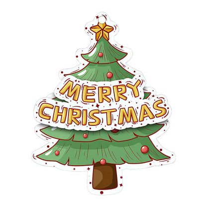 Festive car ornament hanging from rearview mirror with Christmas designs