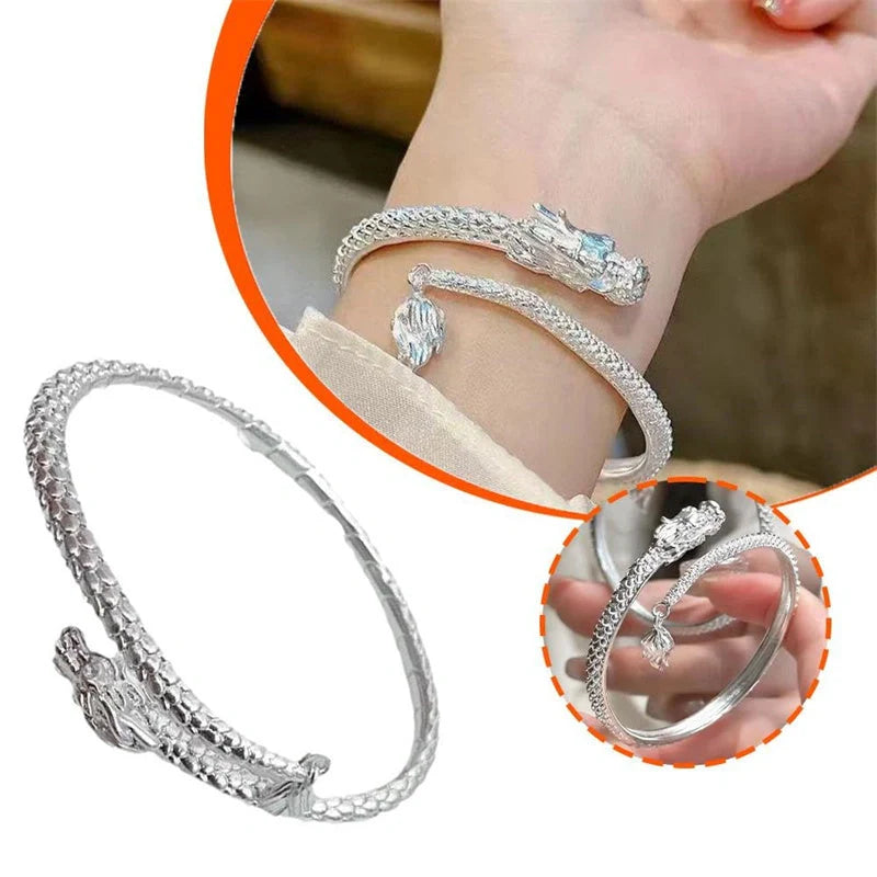Adjustable Chinese-style dragon tail bangle bracelet with intricate dragon and phoenix decorations