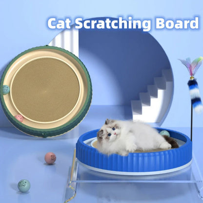 Round cat scratching board with toy ball, protects furniture from scratches