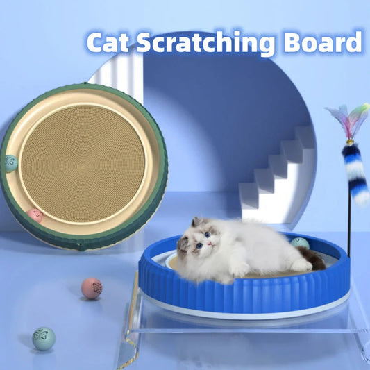 Round cat scratching board with toy ball, protects furniture from scratches