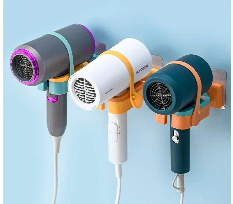 Wall-mounted hairdryer rack with silicone fixing belt and 180° rotation