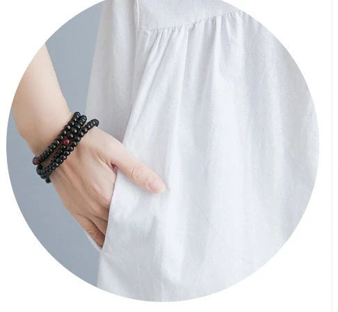 Women's cotton-linen stand collar short sleeves dress in black and white