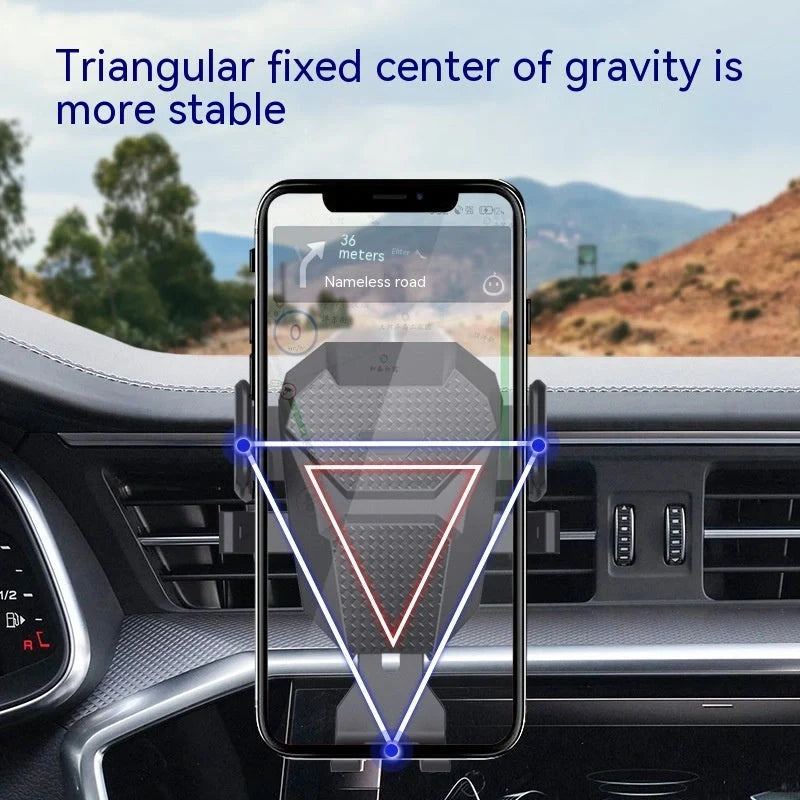 Universal car phone holder attached to air conditioning outlet, holding smartphone securely