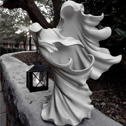 Handcrafted faceless ghost sculpture made of resin, perfect for Halloween decor and parties