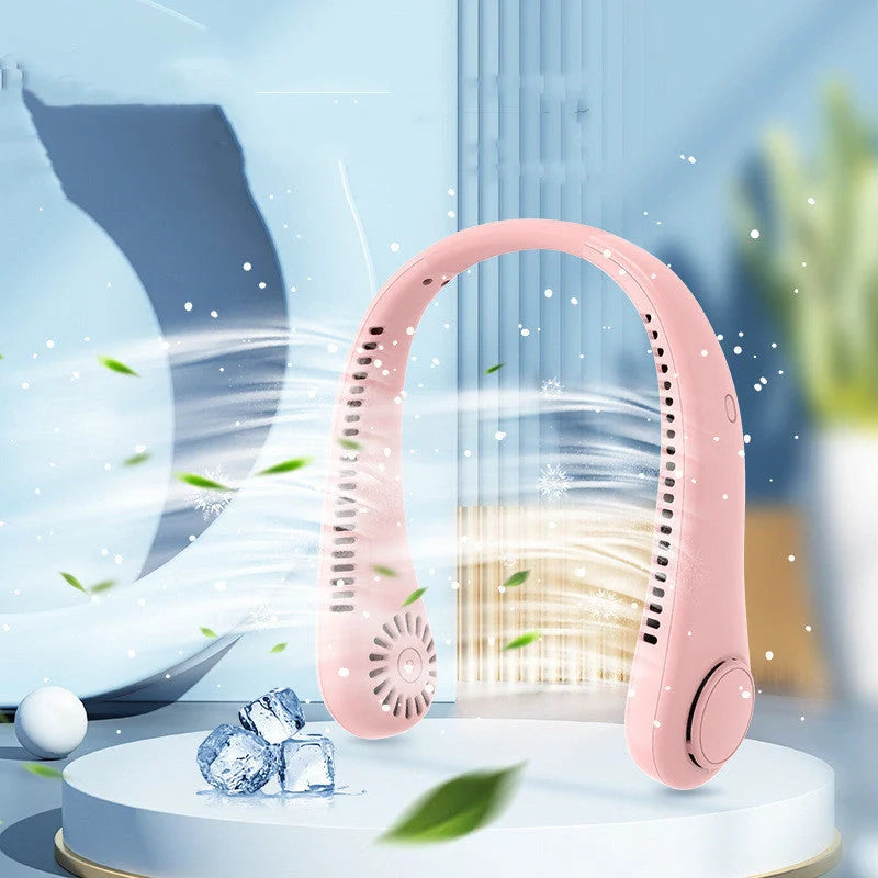 Hands-Free USB Rechargeable Neck Fan in white, pink, green, and blue with bladeless cooling technology