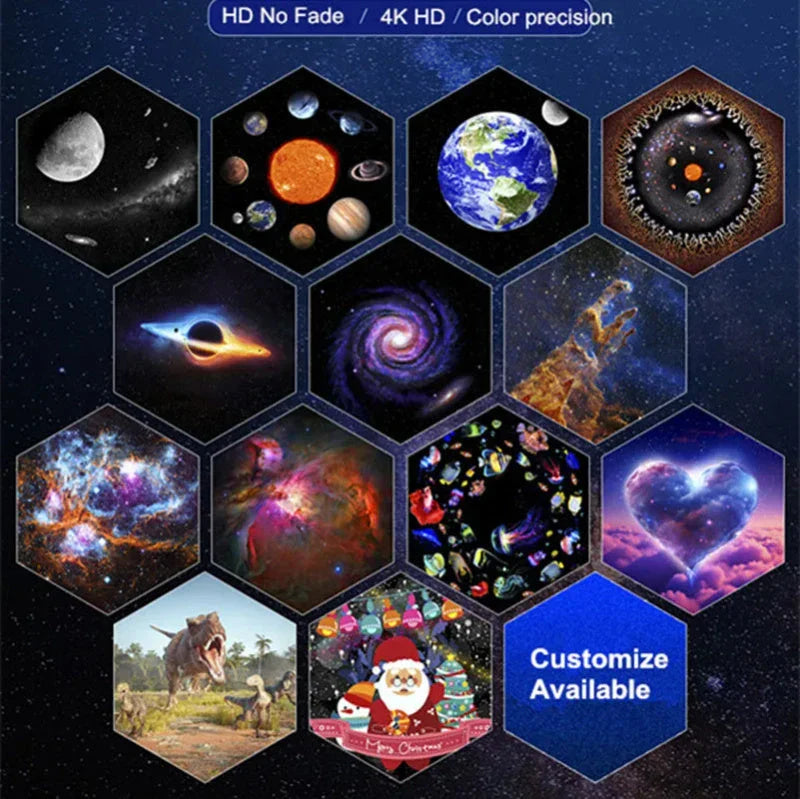 A dynamic galaxy projector that transforms any space into a captivating celestial display with 13 stunning film effects, motorized rotation, and adjustable color modes.