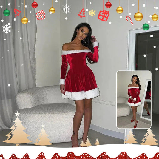 Women's Christmas costume Santa dress with plush trim, boat neckline, and off-shoulder sleeves for holiday parties and New Year's Eve