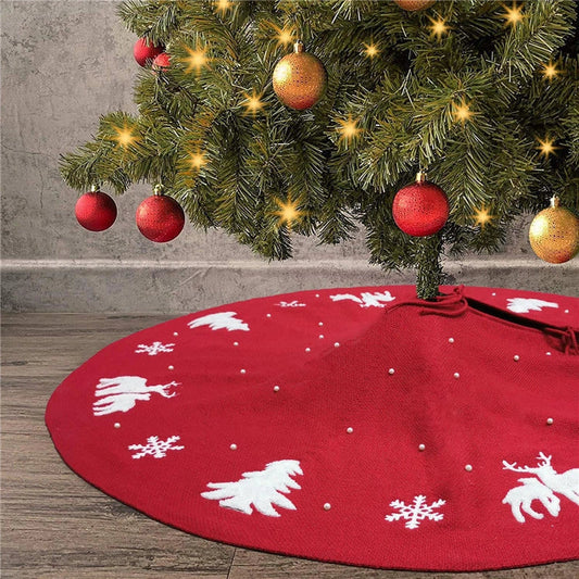 Handmade knitted Christmas tree skirt with 3D vivid patterns in burgundy