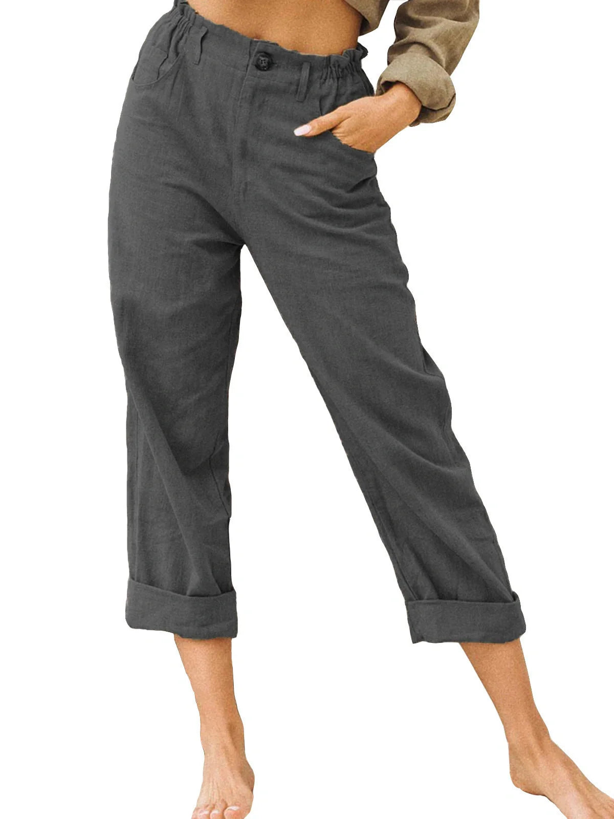 Women's cotton linen patchwork pants with drawstring back and elastic waist in various colours