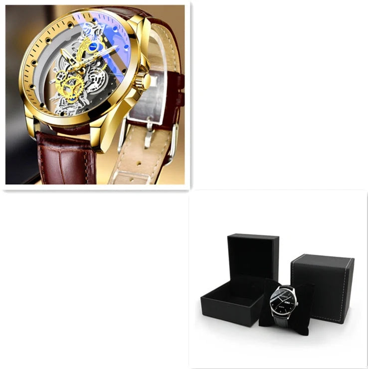 Men's skeleton automatic quartz watch with gold finish and mineral glass face