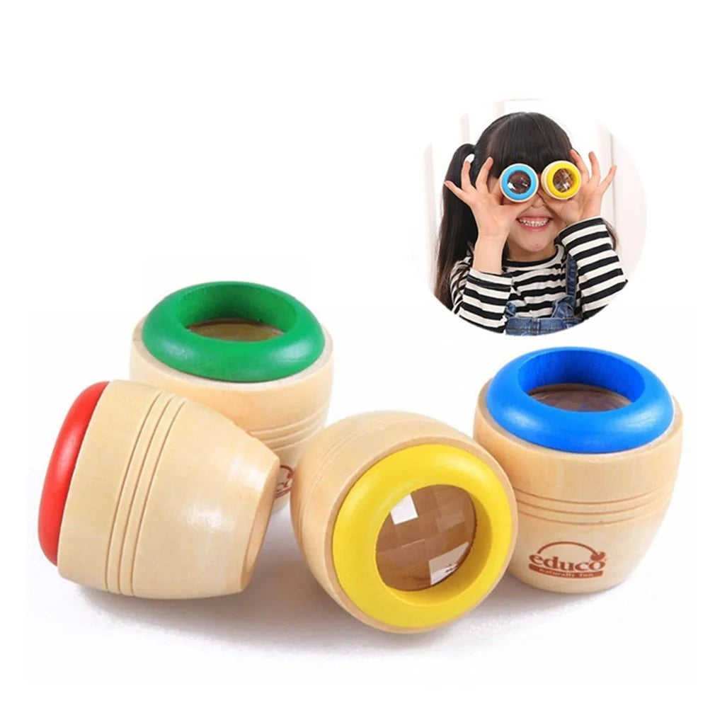 Wooden Magic Kaleidoscope toy for children with rotating patterns
