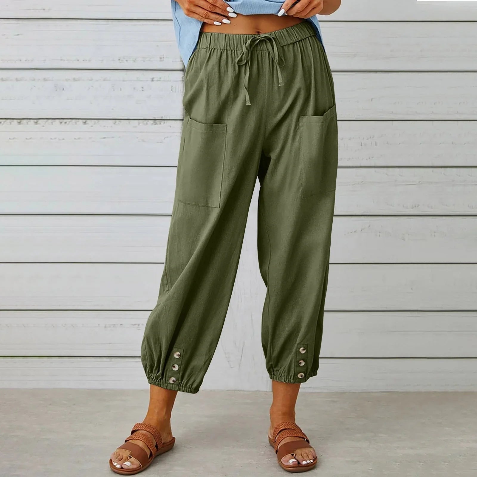 Women's cotton and linen drawstring tie pants with pockets, available in multiple colours and sizes.