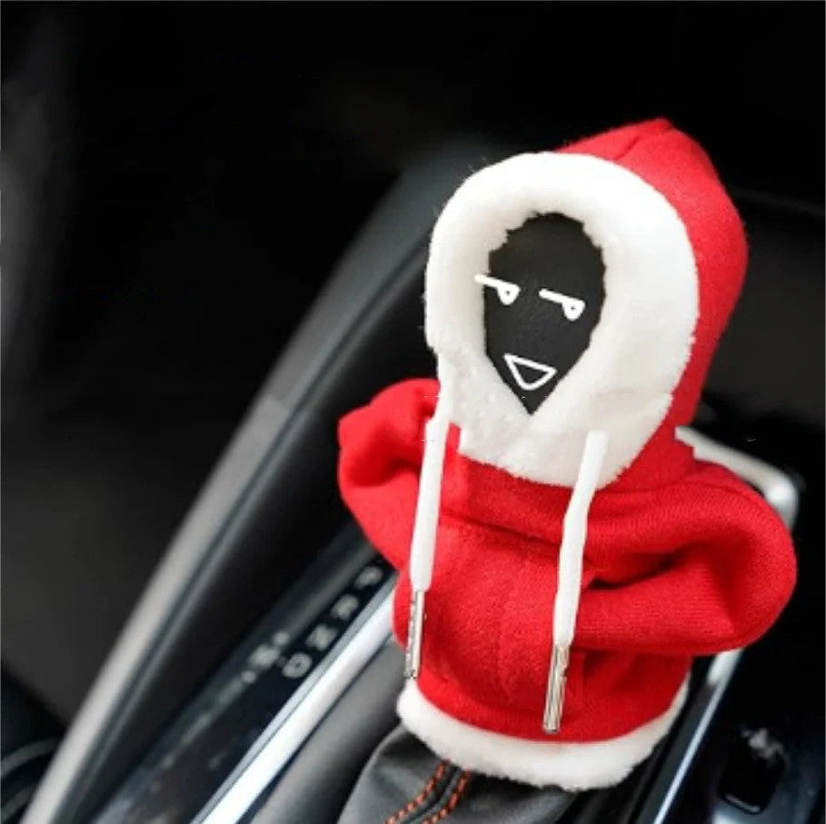 Christmas Hoodie Car Gearshift Cover in red and green, handmade from hoodie fabric