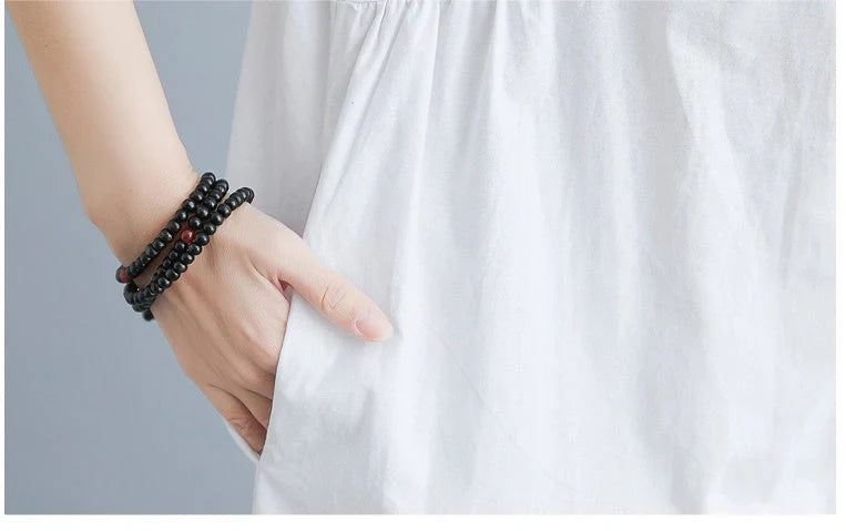 Women's cotton-linen stand collar short sleeves dress in black and white