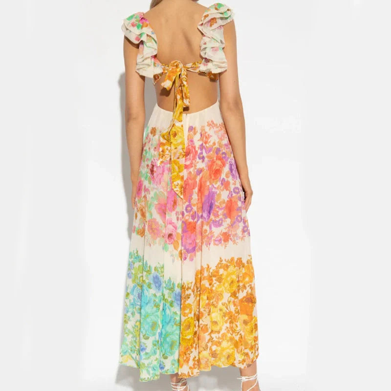 Elegant French-style floral print V-neck long dress for summer