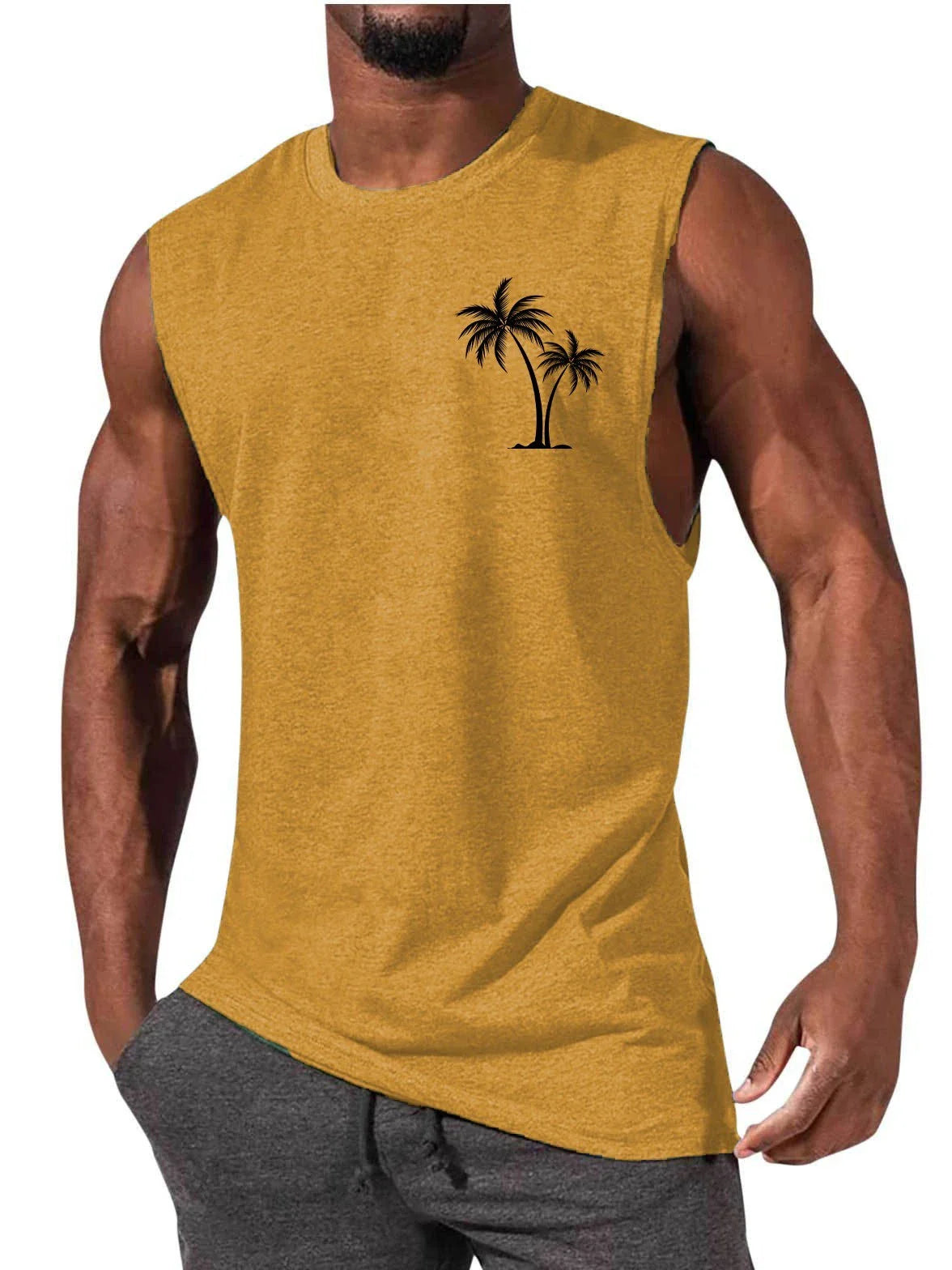 Tropical coconut tree print workout tank top for men, made with breathable, moisture-wicking fabrics for an active lifestyle.