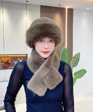 Cosy Mongolian-style unisex winter hat and scarf set in various colours, including black, white, beige, brown, pink, violet, grey, and red