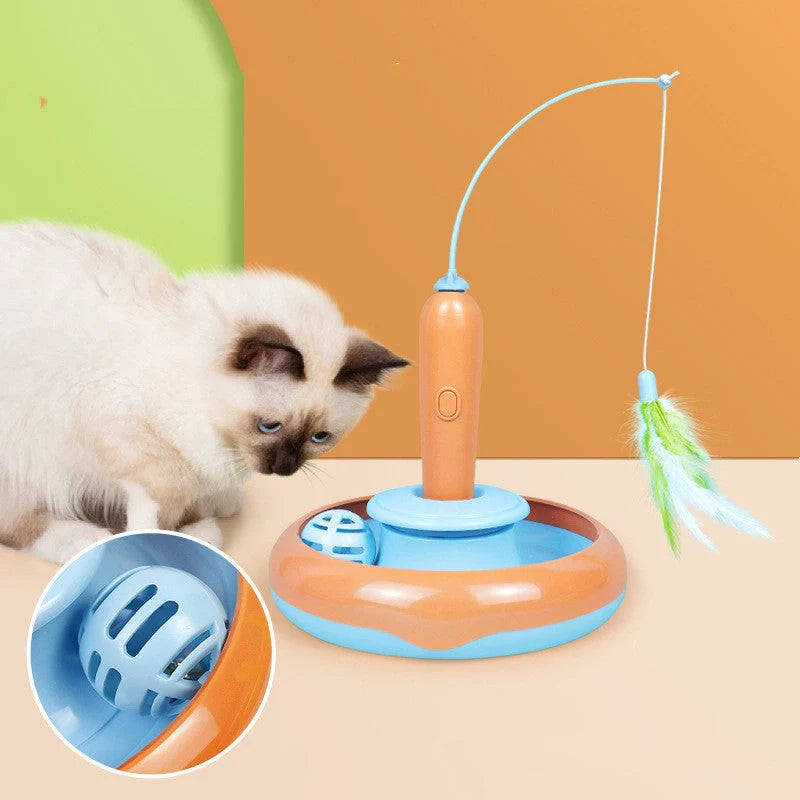 Interactive 2-in-1 cat toy with feather for self-play, orange-blue and yellow-green options