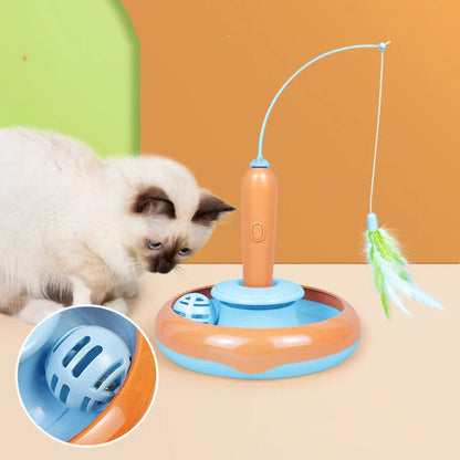 Interactive 2-in-1 cat toy with feather for self-play, orange-blue and yellow-green options