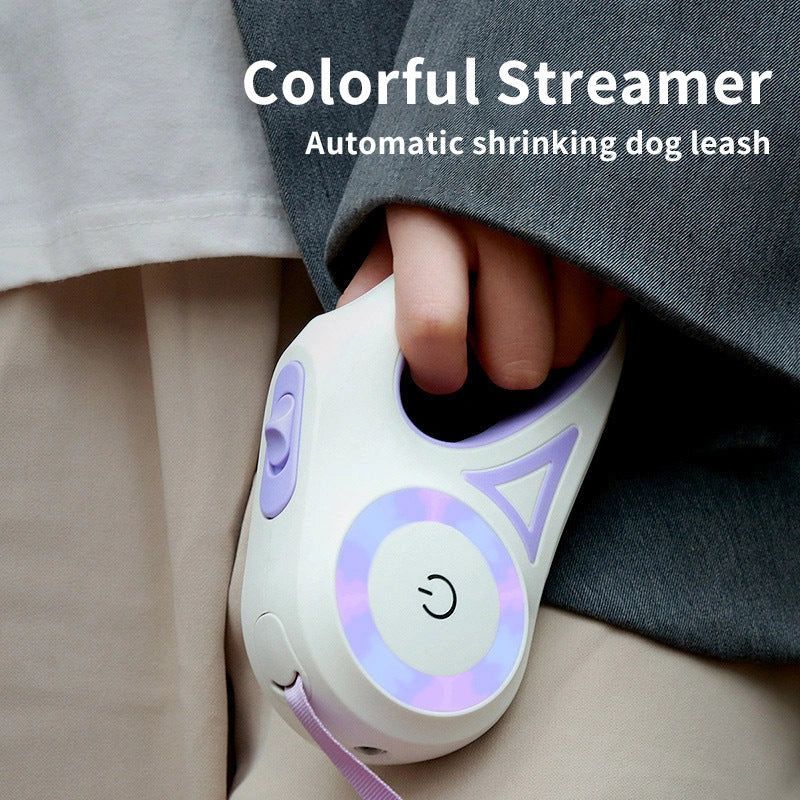 Retractable dog leash with automatic brake system in dream purple, sunshine orange, and mint green