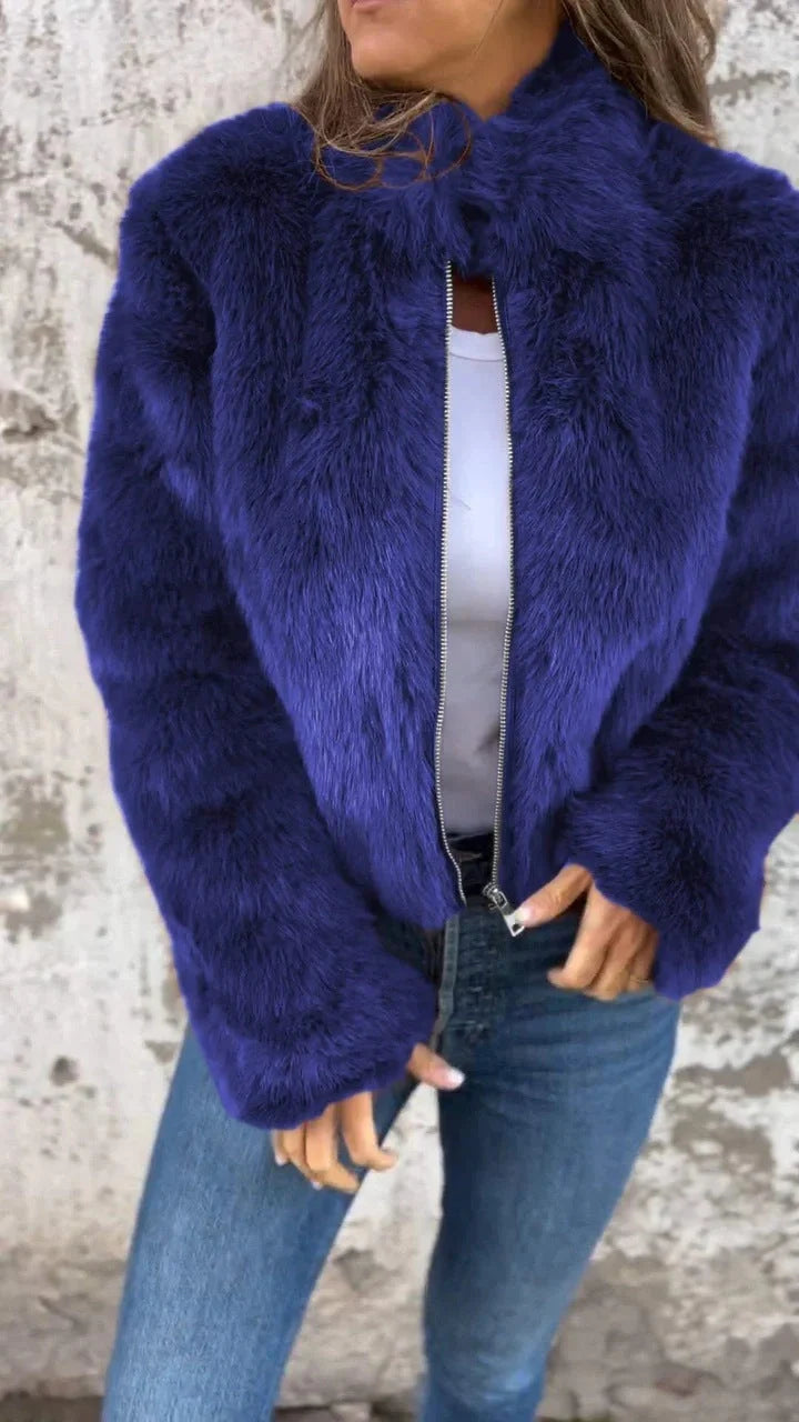 Women's winter stand collar zipper fleece jacket in faux fur, available in multiple colours