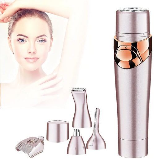 Four-in-one electric shaver for armpit, leg, eyebrow, and nose hair removal in light fuchsia