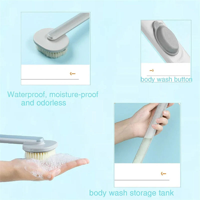 Ergonomic dual-purpose shower brush with detachable head in yellow, grey, green, and pink