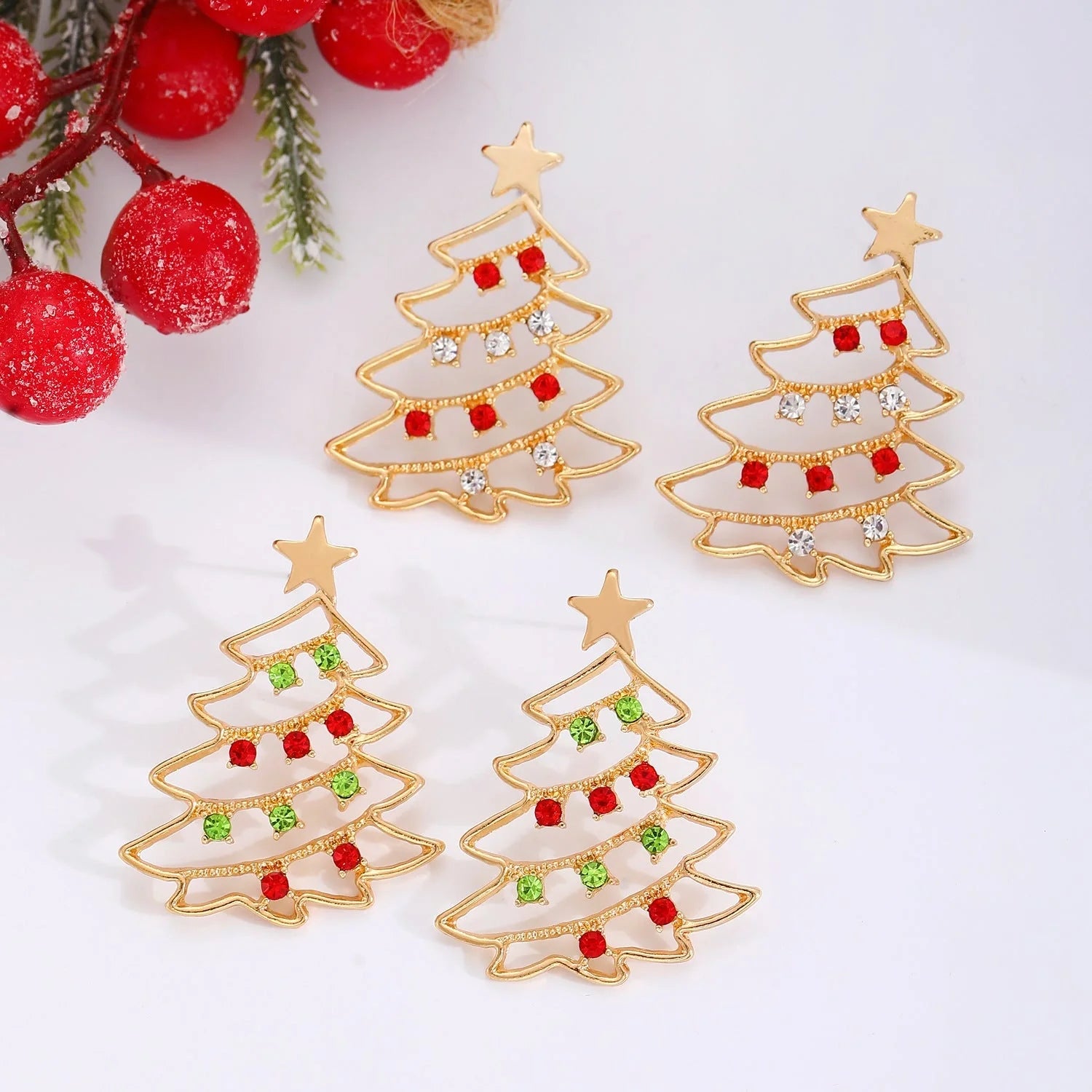 Christmas Tree Zircon Earrings in Gold Red White and Gold Red Green