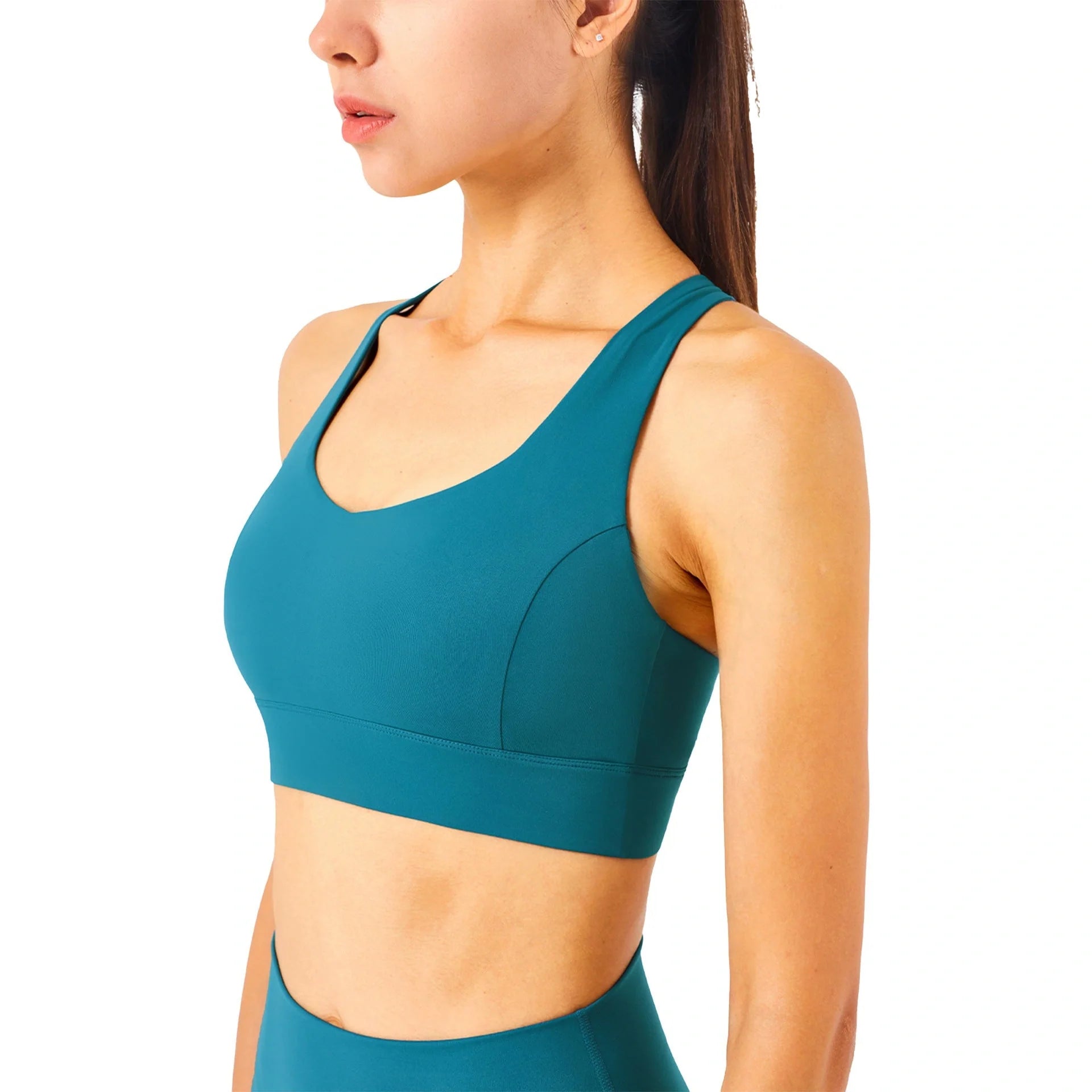 Gather Strength Wrap Mesh Panel Yoga Bra in Black, Pink Pastel, Desert Teal, and Chambray