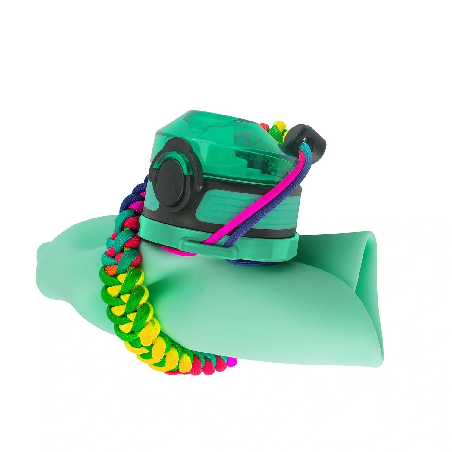 Collapsible silicone water bottle in black, green, and pink with leak-proof cap