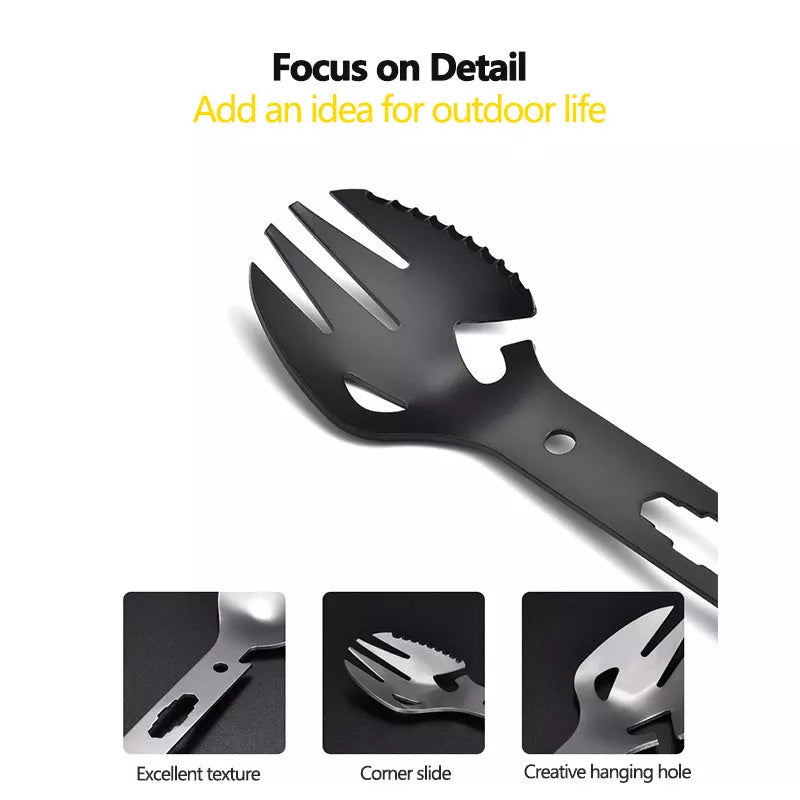Stainless steel multifunctional fork and spoon set with bottle opener for outdoor adventures