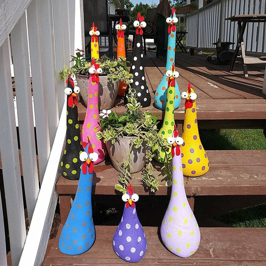 Decorative Chicken Statues in various vibrant colors for garden, patio, and yard decor