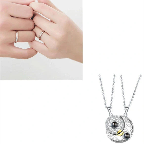 Sun and Moon Couple Necklaces with 100 Languages I Love You Projection in silver and gold