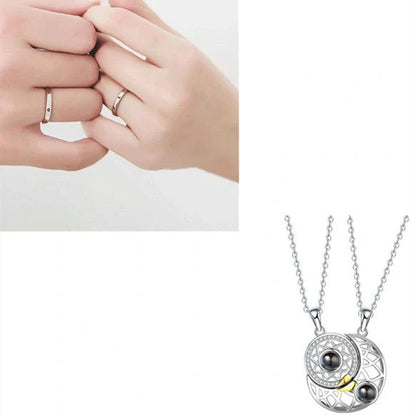 Sun and Moon Couple Necklaces with 100 Languages I Love You Projection in silver and gold