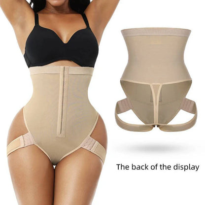 Seamless butt lifter control panties in black and skin tone, high-waist design for shaping and support