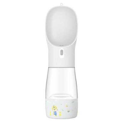 Portable pet water bottle and food bowl made of durable plastic, available in multiple colors for outdoor adventures with your furry friend.