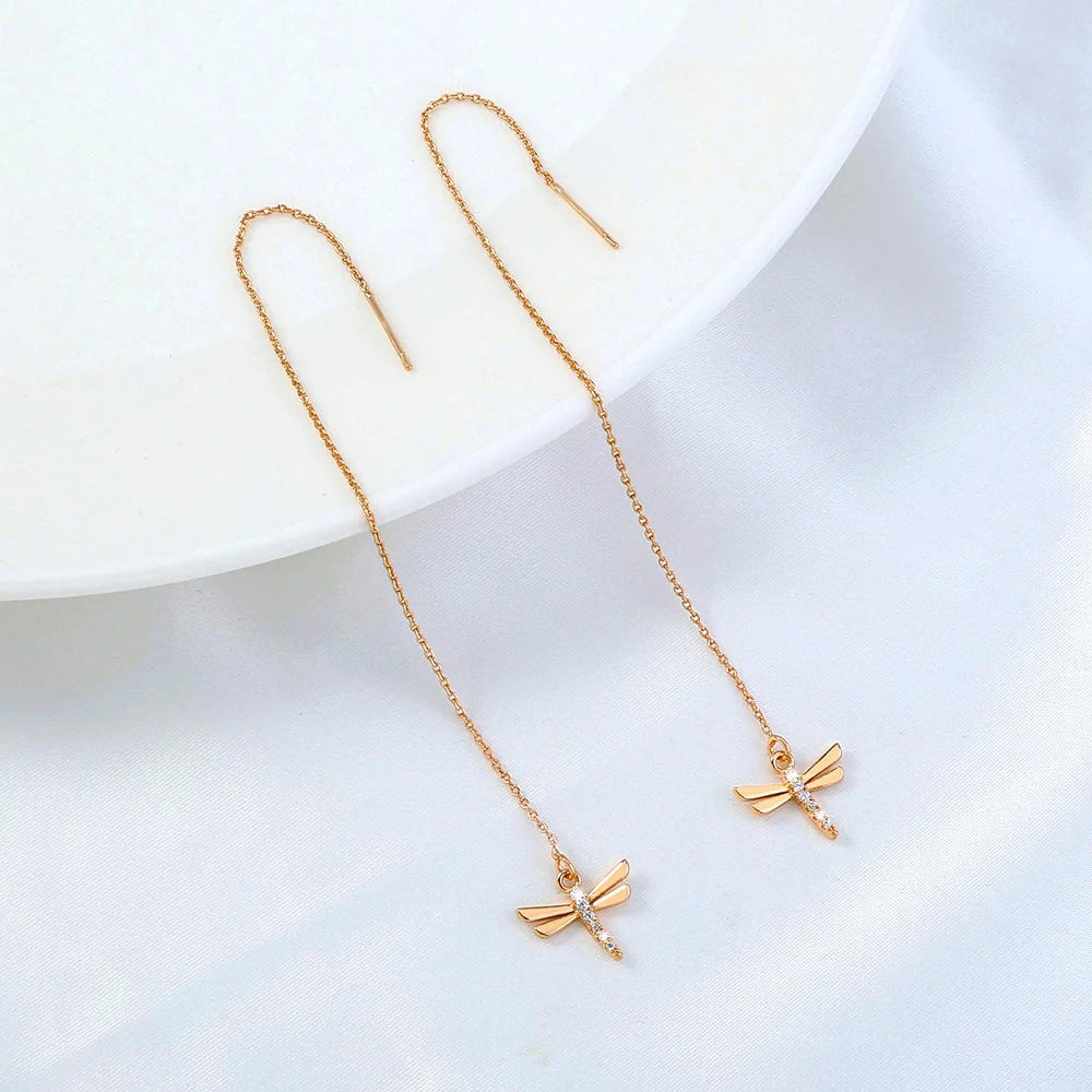 Gold Copper Dragonfly Earrings with Zircon Long Tassel - Elegant Fashion Jewelry