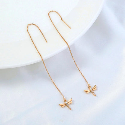 Gold Copper Dragonfly Earrings with Zircon Long Tassel - Elegant Fashion Jewelry