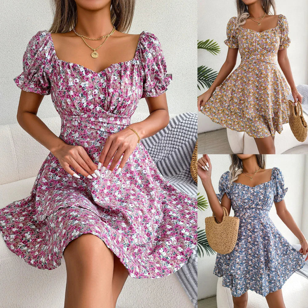 Stylish floral mini dress with A-line silhouette, high waist, and ruffled hem in various vibrant colors