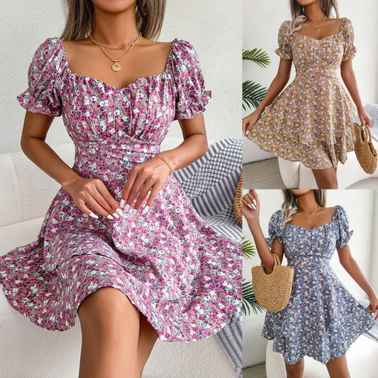 Stylish floral mini dress with A-line silhouette, high waist, and ruffled hem in various vibrant colors