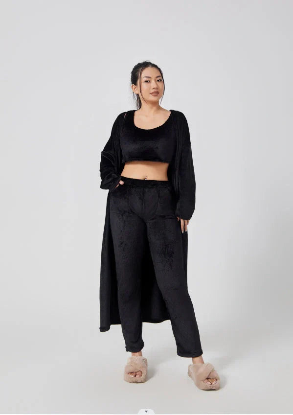 Cozy 3-Piece Lounge Set in soft, fluffy cotton-polyester blend with cropped top, wide-leg pants, and matching cardigan in various pastel colors
