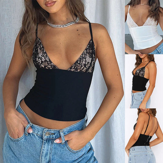 Stylish women's sleeveless lace camisole with back zip closure, available in white and black colors.