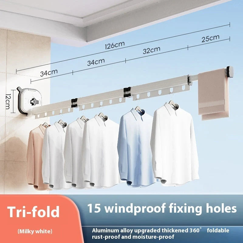 Aluminium suction cup folding clothes hanger with retractable drying rack for space-saving laundry drying