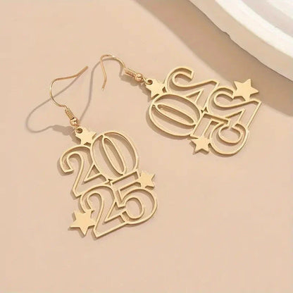 Gold-tone dangle earrings with '2025' design, ideal for New Year's Eve and other fashionable celebrations