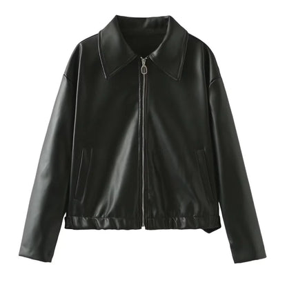 Fashionable faux leather jacket in burgundy and black colors, featuring a zipper closure and long sleeves for casual, versatile wear