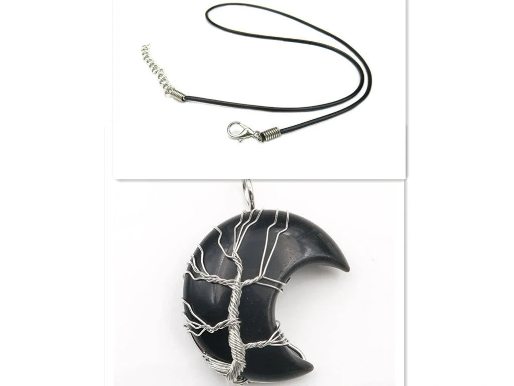 Handmade Moon Natural Crystal Stone Tree of Life Pendant Necklace in various colours