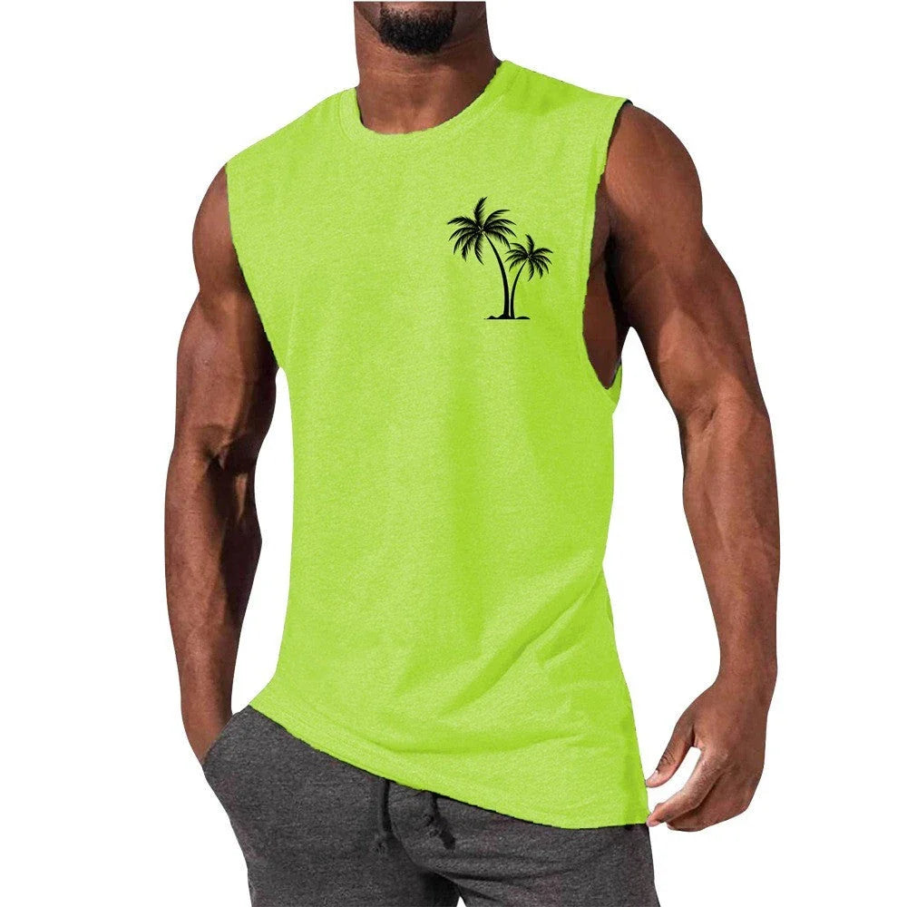 Tropical coconut tree print workout tank top for men, made with breathable, moisture-wicking fabrics for an active lifestyle.