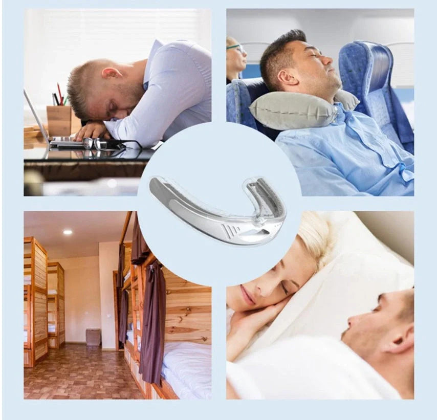 Anti-snoring device braces in white and black, made from food-grade silicone